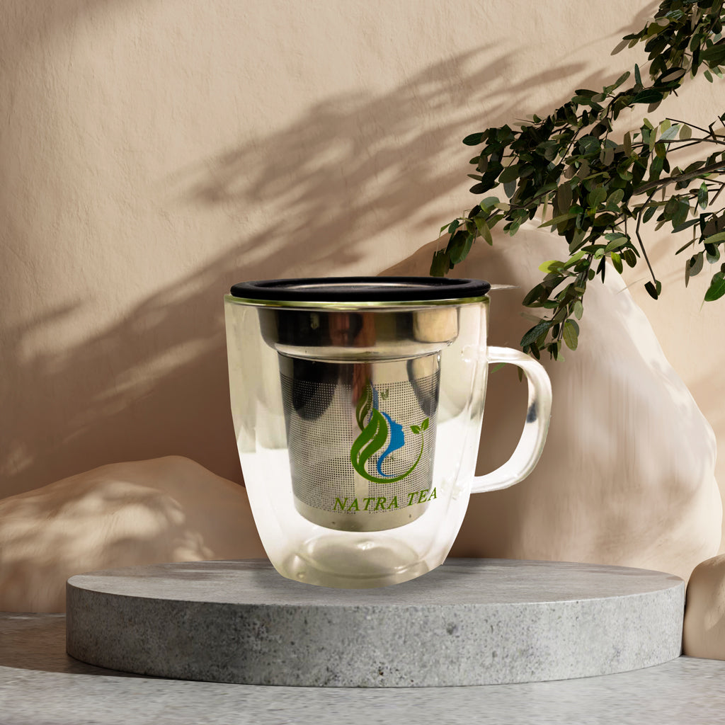 Natra Tea - Glass Tea Mug with Infuser and Lid.